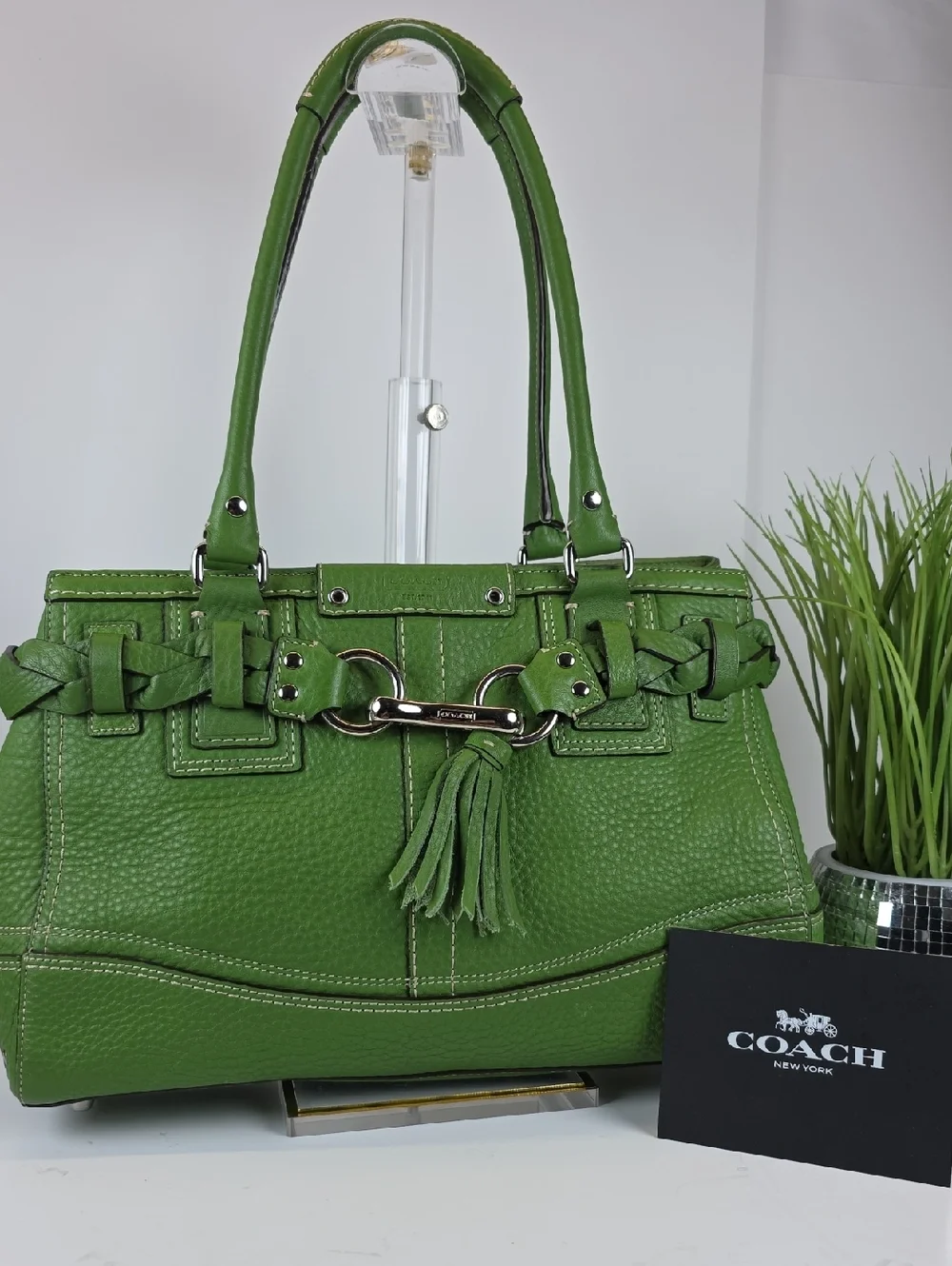 Coach Hampton Green Pebbled Leather Tote Shoulder Satchel Bag